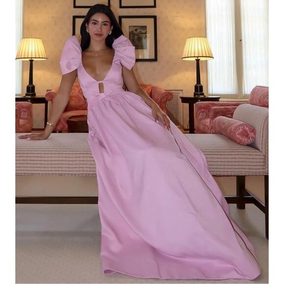 For Love & Lemons Miriam Ruffle Sleeve Bow Detail Pink Maxi Dress Sz Small - Picture 8 of 15